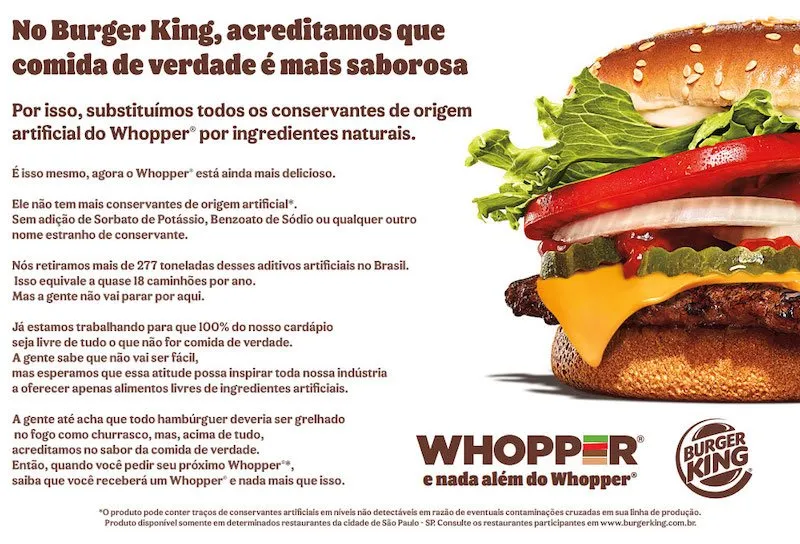 Arte da campanha do Burger King do Whopper sem conservantes.