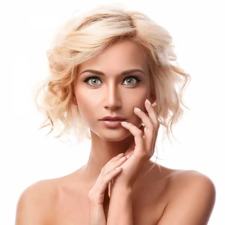 hair is cut short above-the-shoulder and blonde hair,