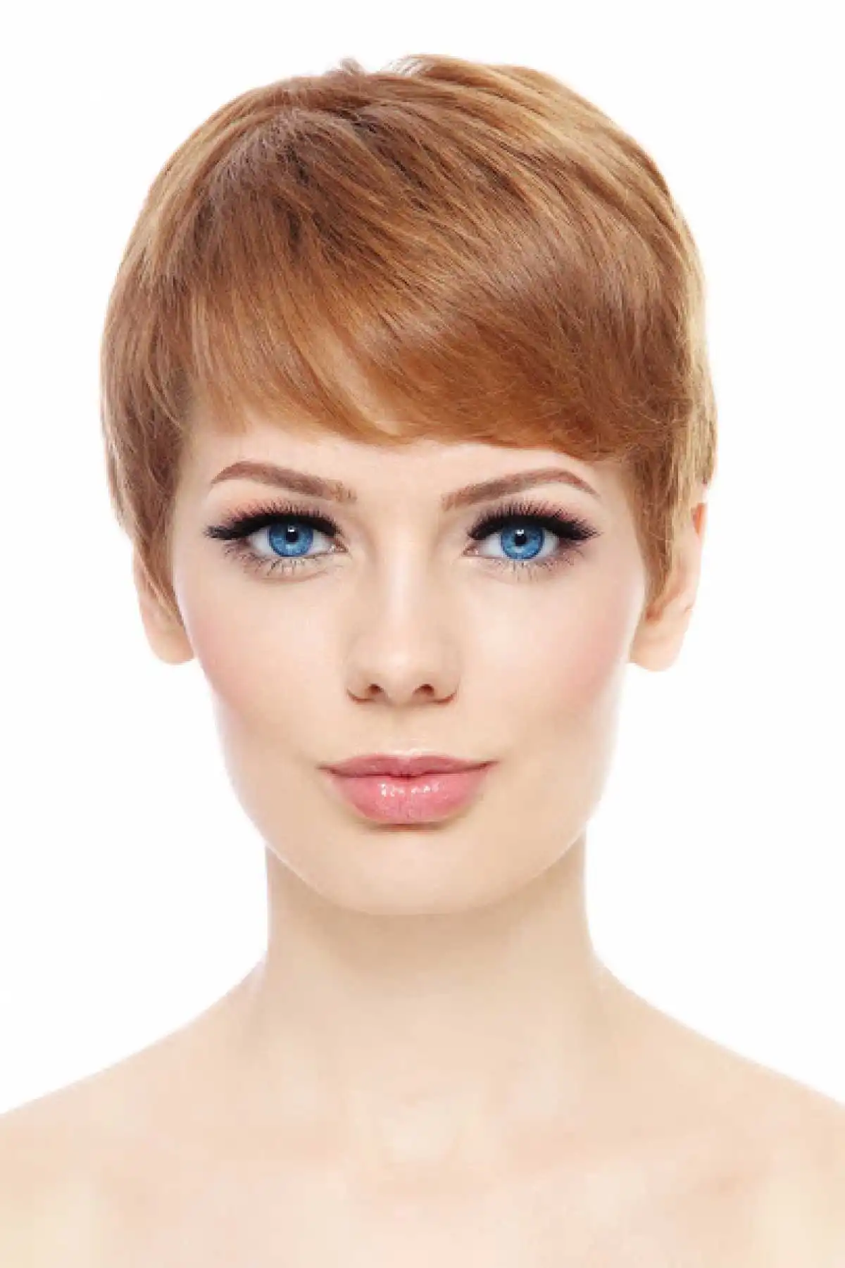 Beautiful woman with blue eyes and with a modern look and a wire pressing