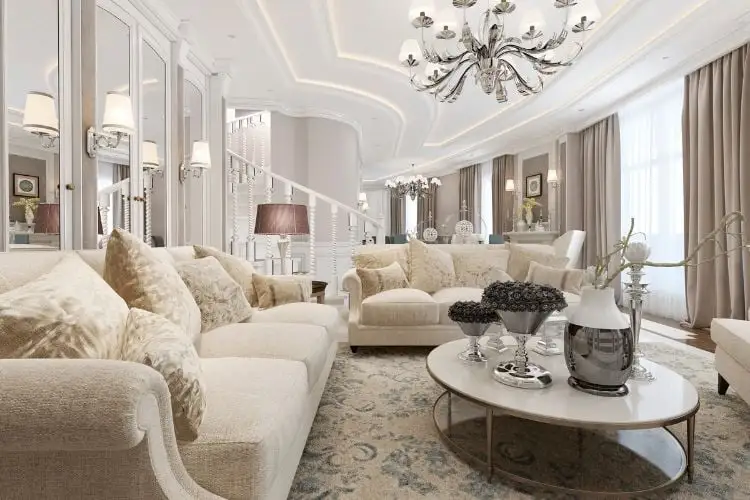 Living room with classic decoration with lamps, furniture, robust, and well-rounded and neutral tones