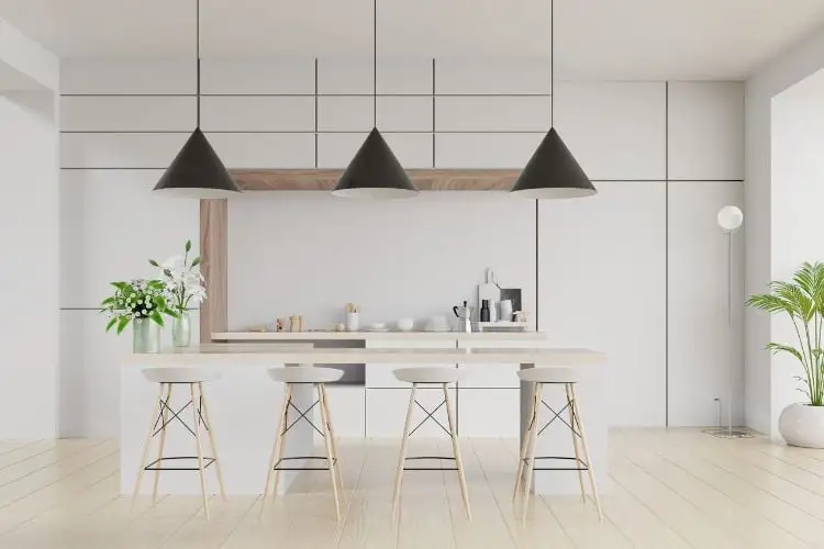 Kitchen island, neutral colors, light, straight, and minimalist decor