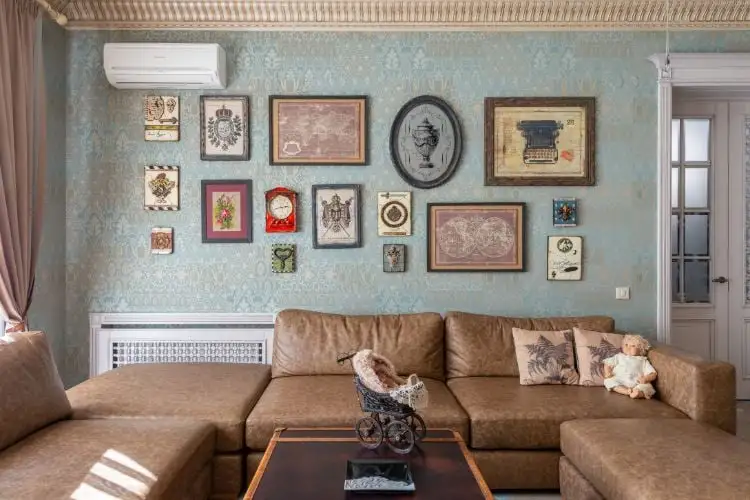 Living room with wallpaper, blue, frame, retro, kitchen, sofa in leather, brown, and coffee table