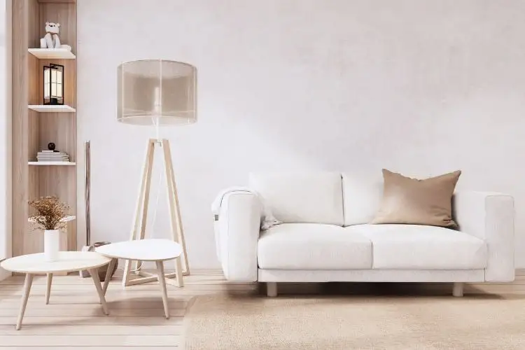 Living room with minimalist furnishings: sofa, white coffee table, white table lamp tall-beige