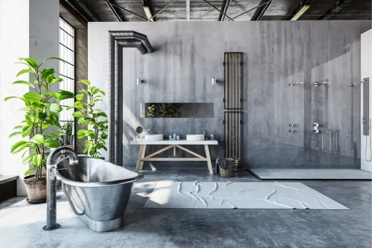 Bathroom decor, industrial, with tub, made of metal, large windows, and piping the eye and the wall with cement burned