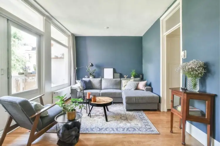 A living room with a large window wall on a blue rug with a print pattern that is similar to ceramic tile, wood floors and a blue sofa