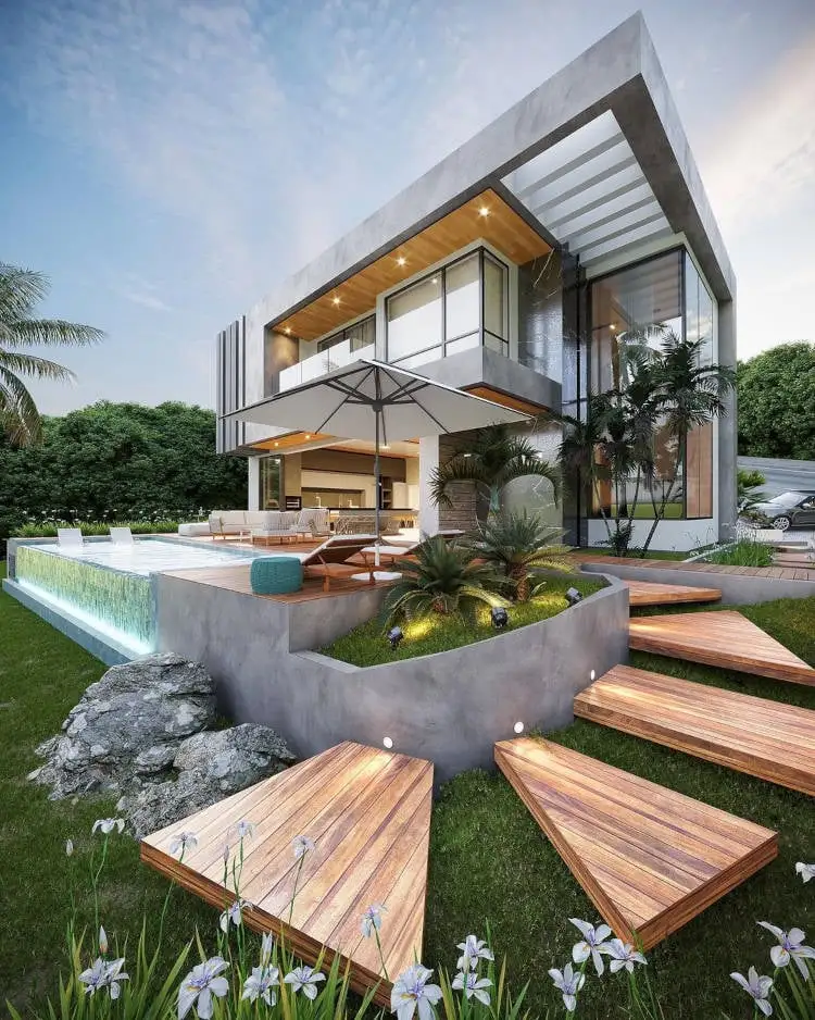 The facade of the home, moderna, with the stairs out of wood.