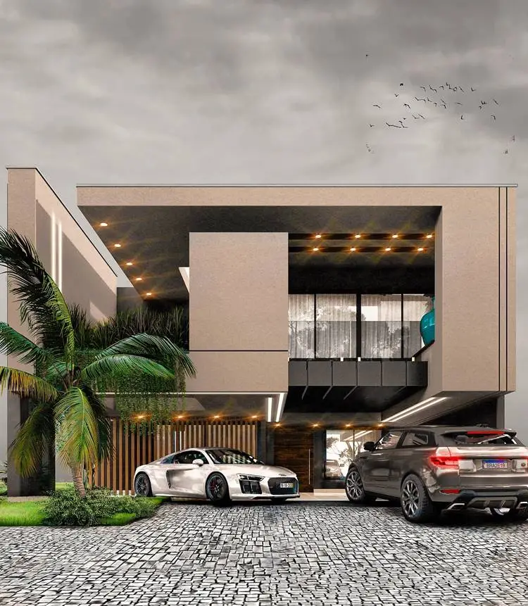 The facade of the home, moderna, design, geometric, light walls, and large windows. There were two cars parked in front of it. The house is an architectural design for a luxurious and elegant