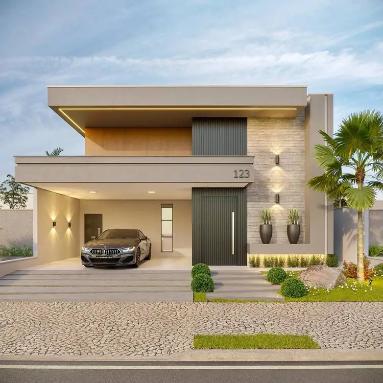 The following image shows a casa moderna, design with clean and straight lines, has an open garage and the second floor is visible. The house has a texture of light gray and wood in a luxury car in a parking garage, and in the number “123” on the front. There are potted plants, bushes, and flowers, and a palm tree in the front of the house.