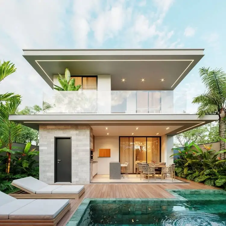 A house with a swimming pool and a balcony on the upper floor.