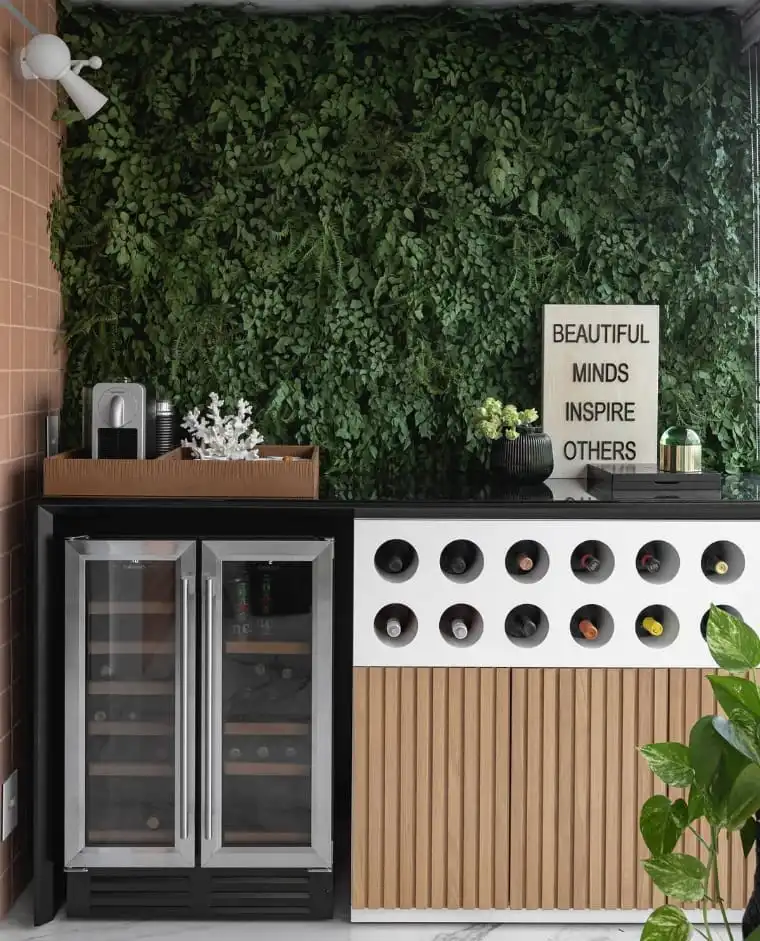 The corner of the coffee shop with a vertical garden