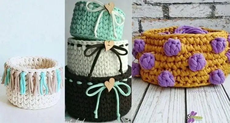 una de las tres opciones de cachepô de crochet con detalles de