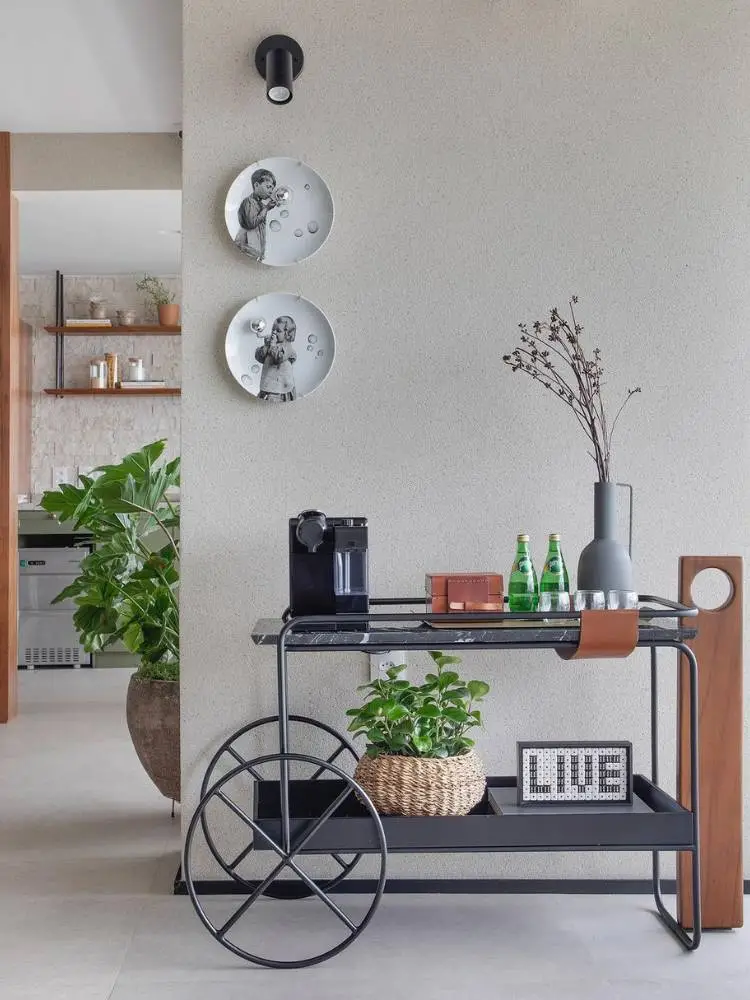 The back of the coffee shop in a shopping cart with two shelves, plants, coffee, and bottles