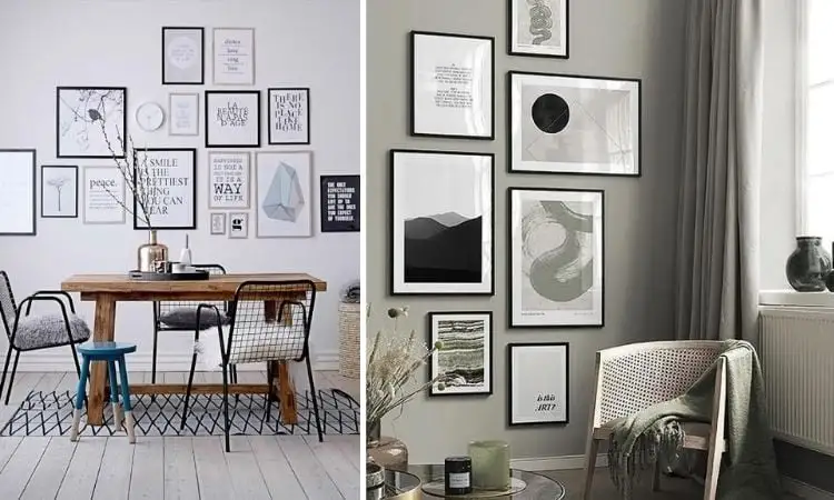 Duas fotos de parede decorada com composição de quadros